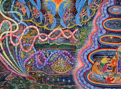 Visionary painting of a large eagle in flight above a river scene with rising spirit figures and a crystalline city