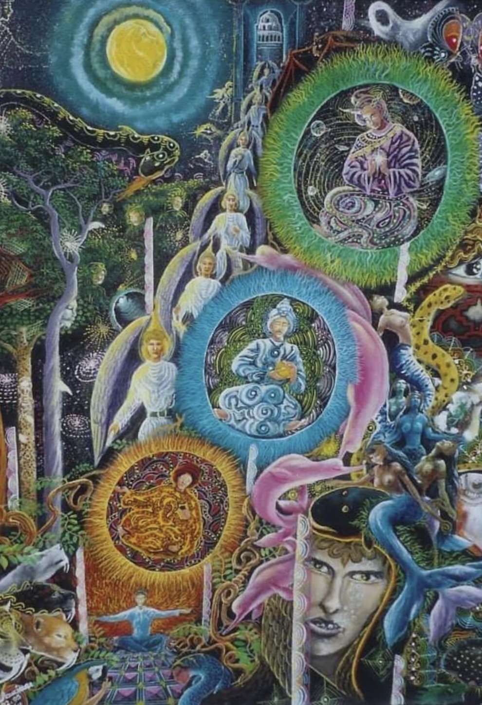 Visionary painting of angelic figures ascending through glowing circular portals toward a bright light