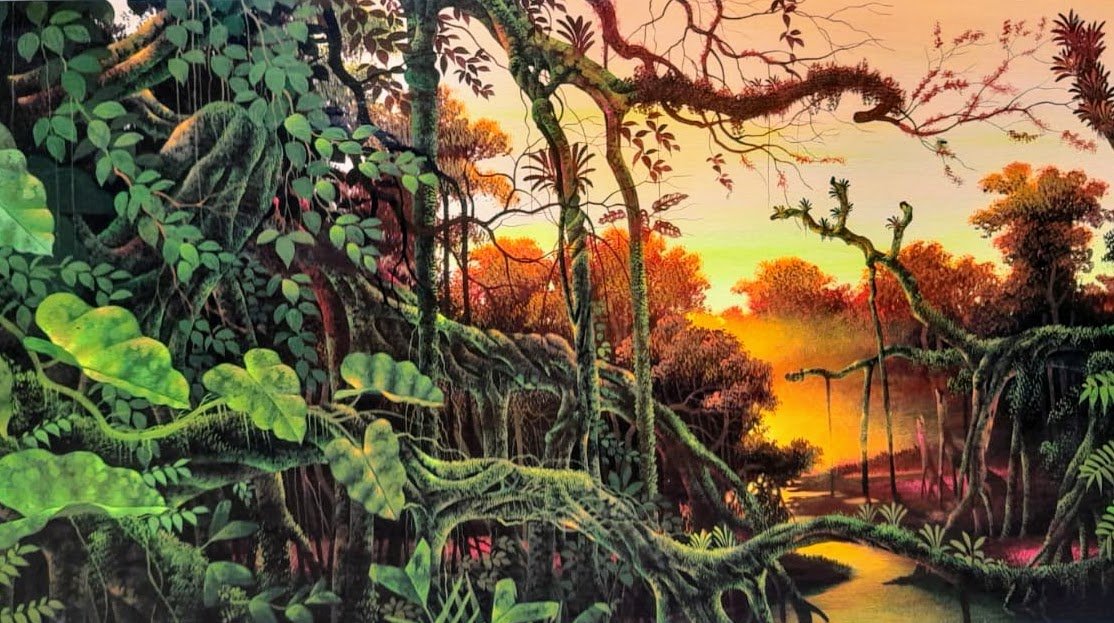 Jungle vines silhouetted against evening light
