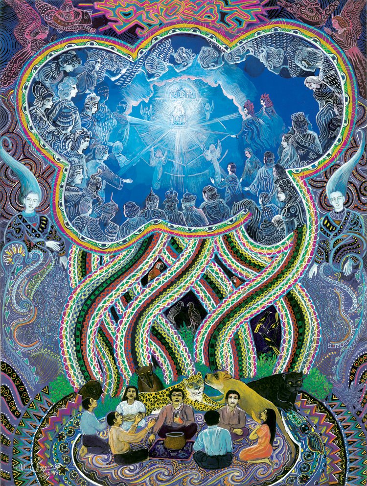 Visionary painting of a ceremony circle beneath an ornate vision of ascending spirit figures and animal guardians