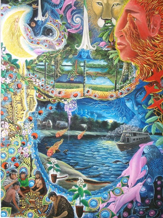 Visionary painting of a riverboat on the Amazon beneath large spirit faces, a moon, and a gathered community by the water