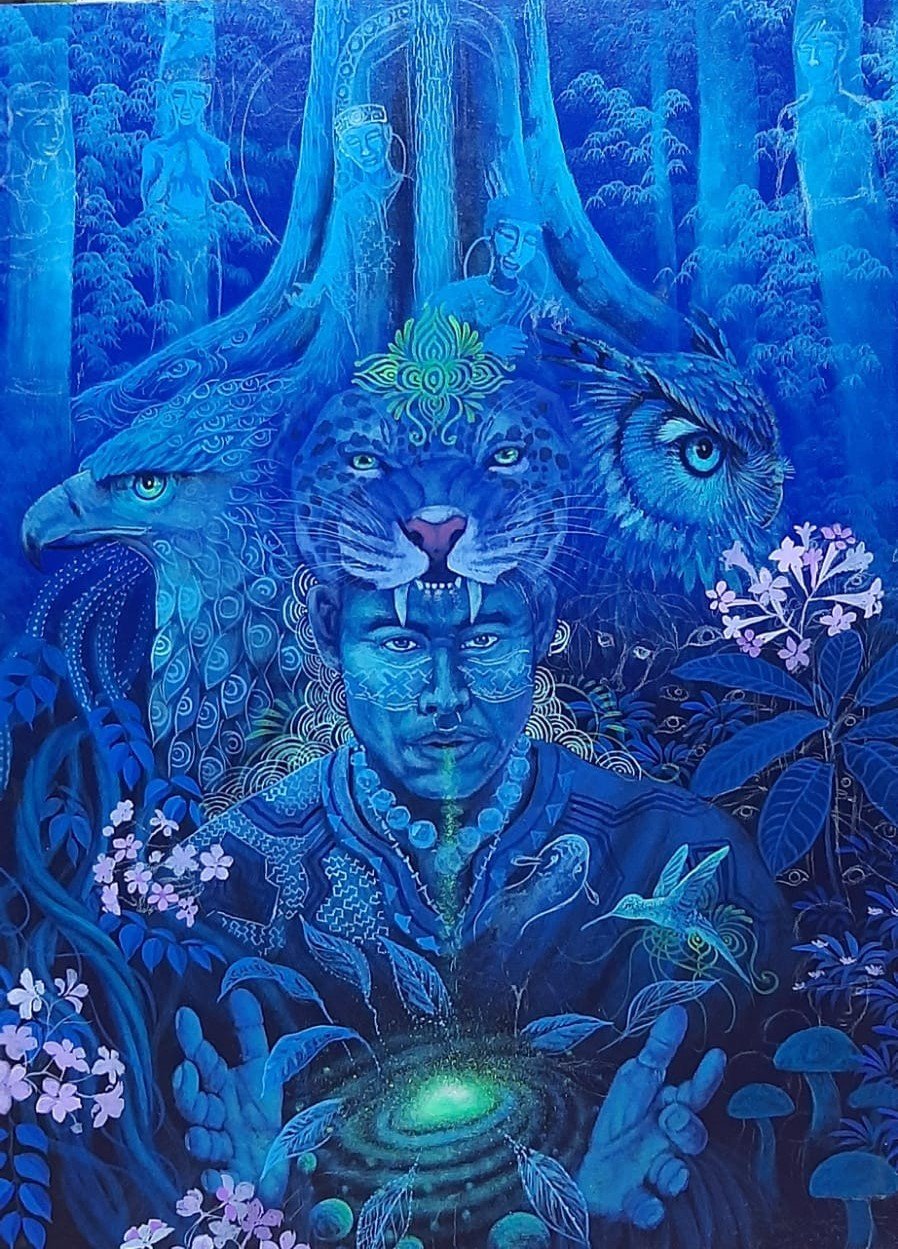 Blue-toned visionary self-portrait with eagle, jaguar, and owl spirits above the head, hands cradling a small glowing galaxy