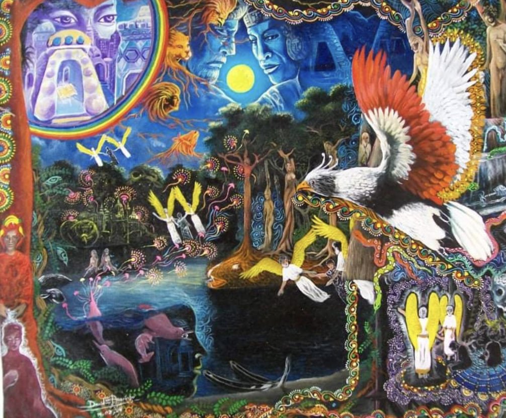 Visionary painting of a large eagle spirit watching over an Amazon river village at night