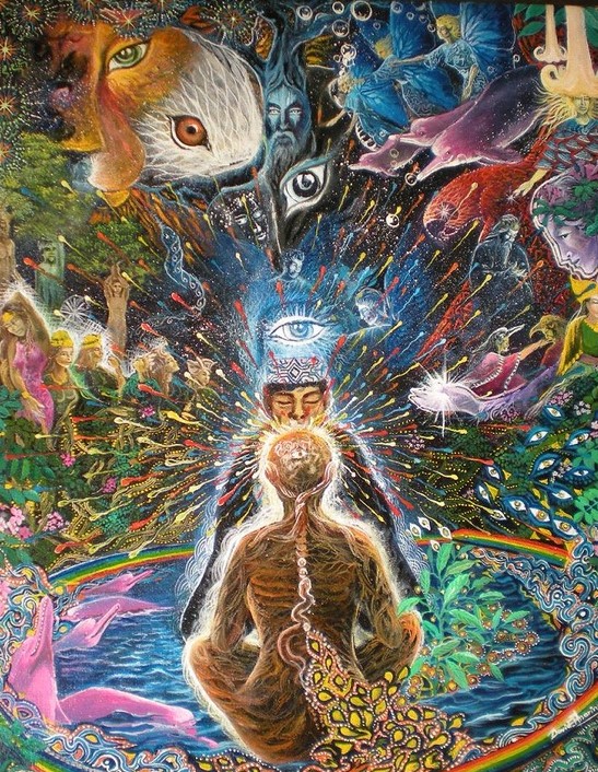 Self-portrait painting of a meditating figure with a radiant third eye surrounded by visionary imagery, captioned 'Davisionarts it is me'