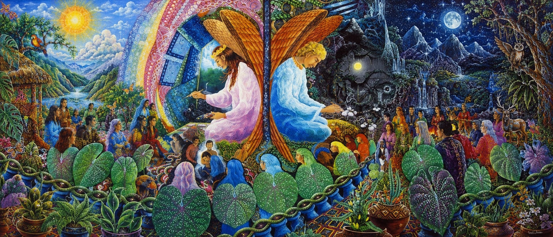 Wide visionary painting of two winged figures painting together, one lit by sun and rainbow, the other by moon and stars, surrounded by a gathered community