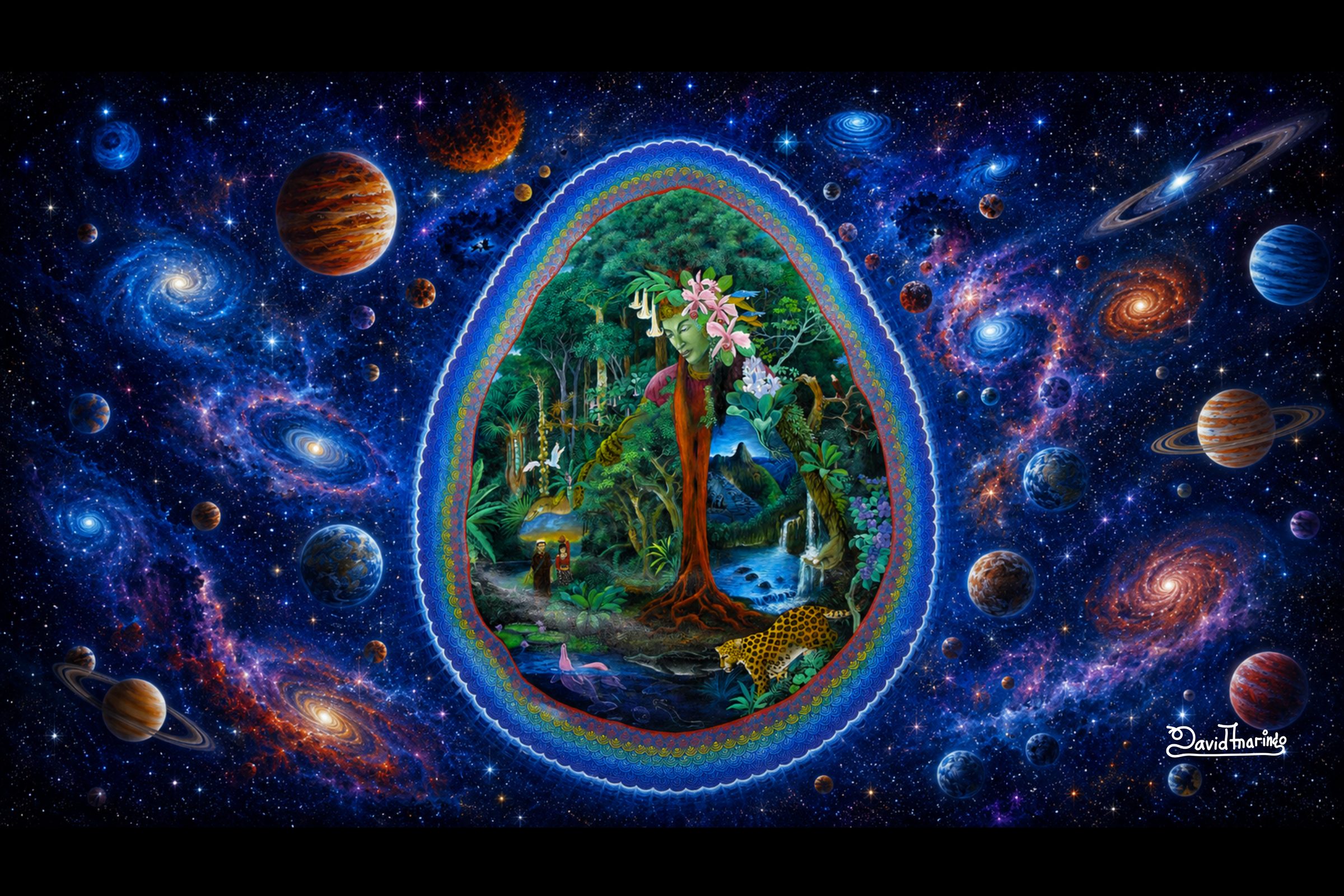 Wide visionary painting of a lush rainforest scene inside a glowing egg-shaped portal surrounded by galaxies and planets in deep space