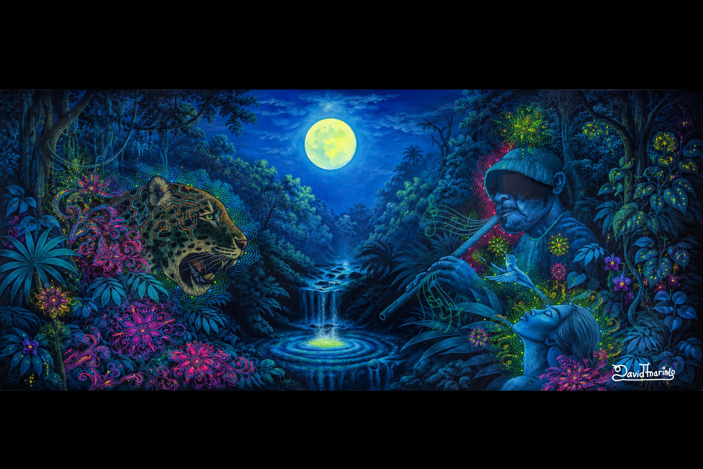 Wide visionary painting of a figure playing a flute beside a moonlit jungle waterfall, a jaguar watching from flowering foliage
