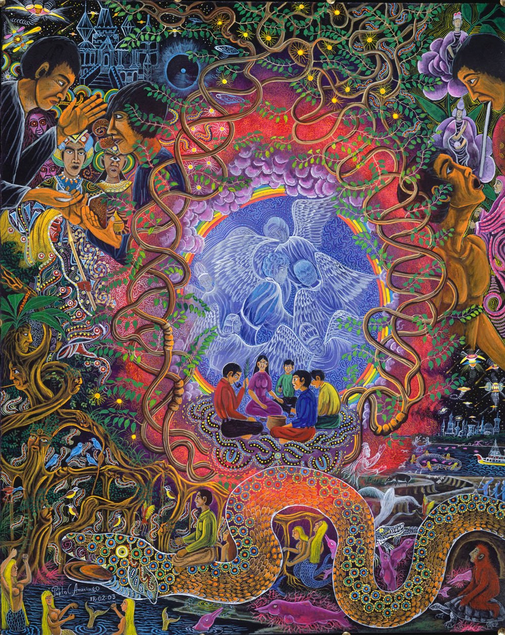 Visionary painting by Pablo Amaringo of an ayahuasca ceremony vision with a great serpent, ancestors, and a rainbow portal
