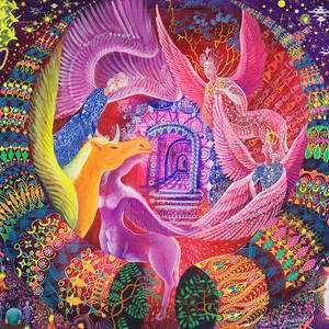 Visionary painting by Pablo Amaringo of golden and pink winged figures around a temple gate with a golden unicorn