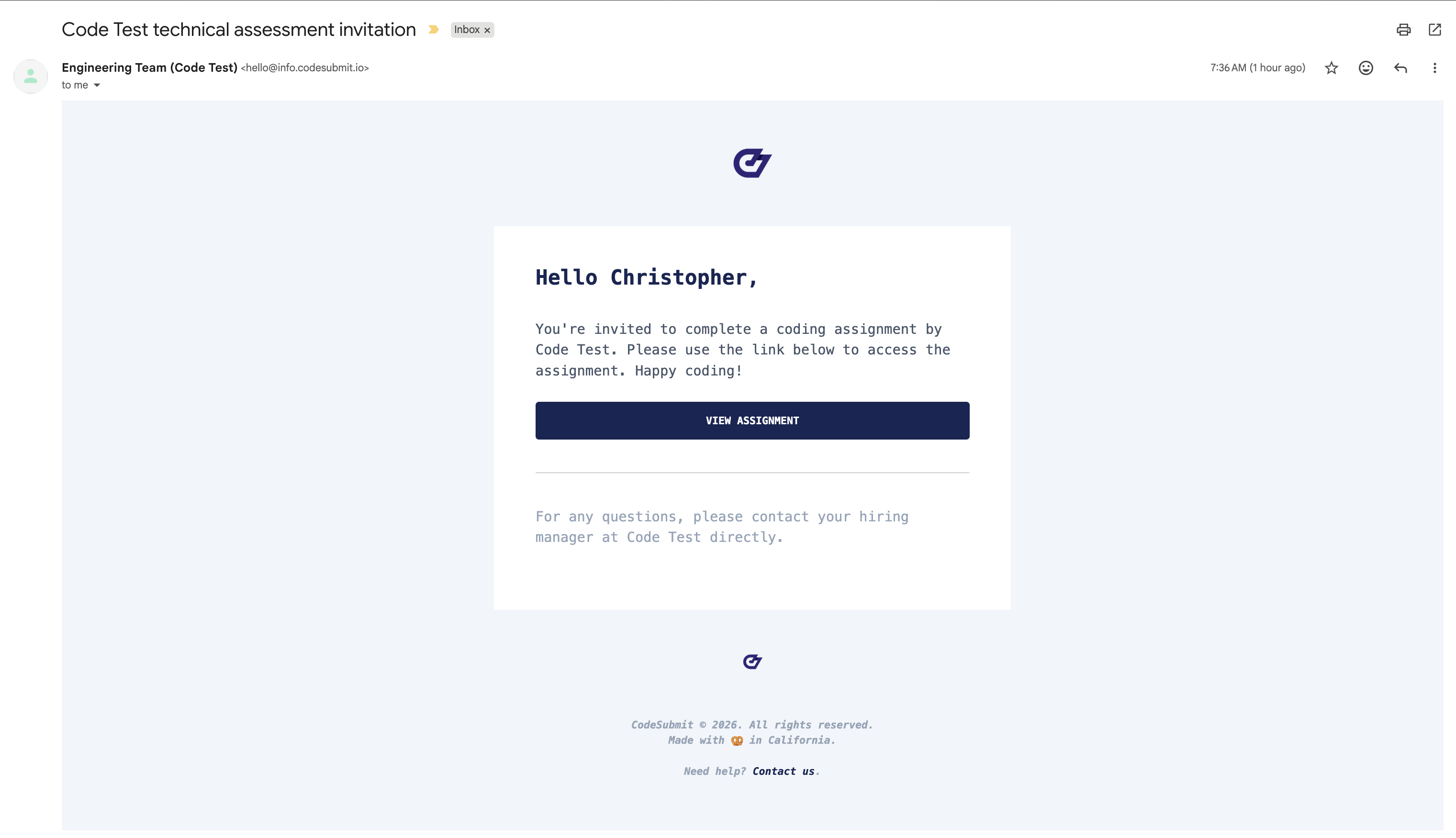 Code test assessment invitation