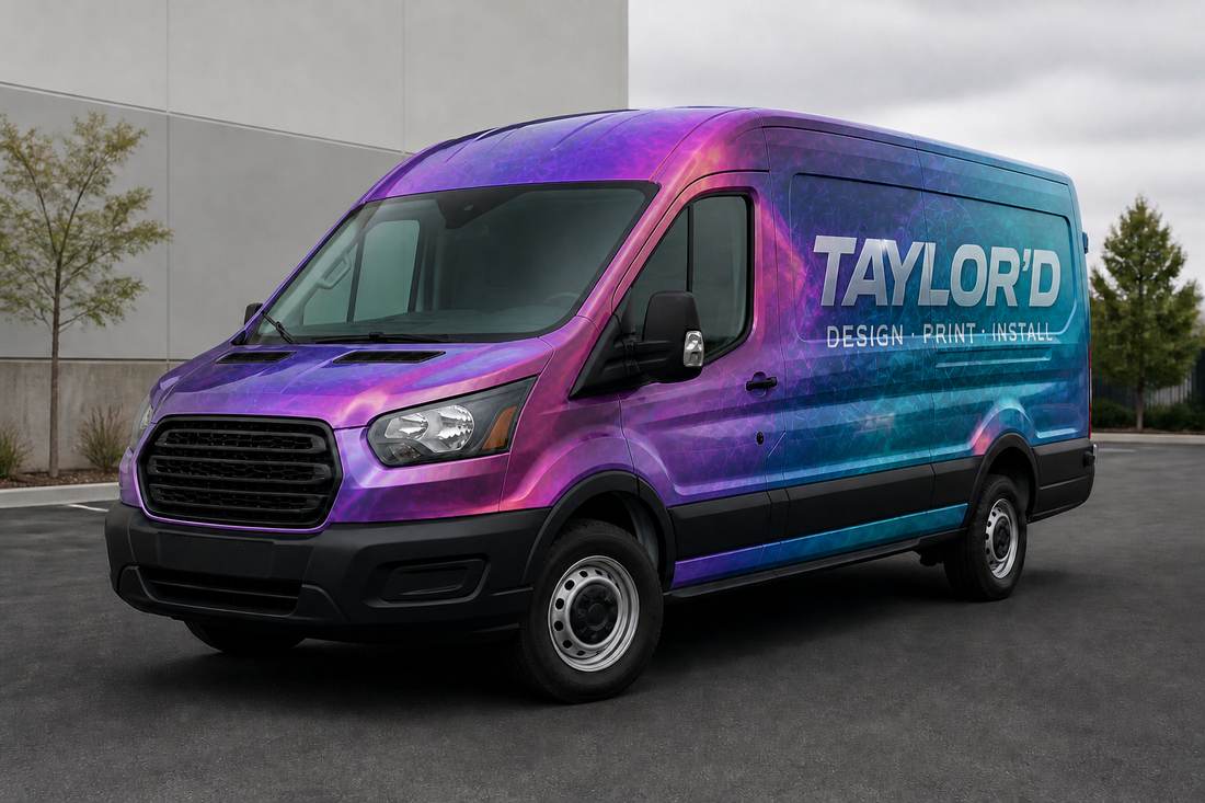 Same van after Taylor'd iridescent psychedelic wrap with TAYLOR'D lettering